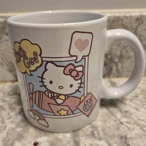 Hello Kitty "Let's Go" Ceramic Mug With Airplane Passport Rainbow Hearts Stars